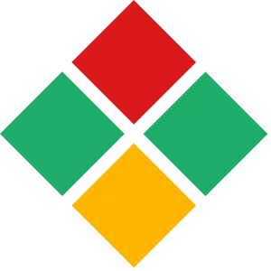 Four diamond shapes touch at the corners, forming a larger diamond. The top diamond is red, the left and right diamonds are green, and the bottom diamond is yellow. The background is light gray.