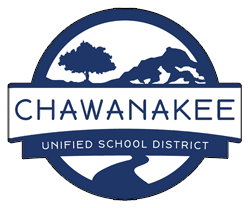 Blue and white Chawanakee Unified School District logo featuring a tree, mountains, and a winding river inside a circular border.