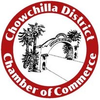 Red circular logo for the Chowchilla District Chamber of Commerce with an archway, palm trees, and text in white around the border.