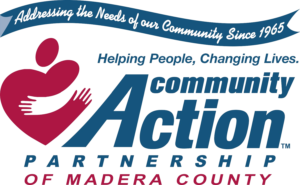 Logo for Community Action Partnership of Madera County with text: Addressing the Needs of our Community Since 1965. Helping People, Changing Lives. Features a red abstract figure hugging another.