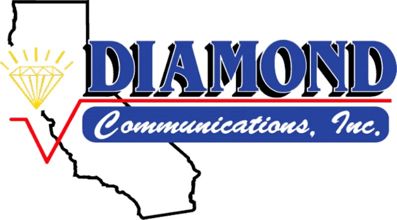 Outline of California with a yellow diamond on the left, and DIAMOND Communications, Inc. written in blue and red text to the right. A red line curves beneath Communications, Inc..