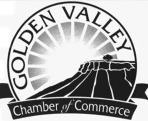 Logo for the Golden Valley Chamber of Commerce, featuring stylized sun rays, a valley landscape with a plateau, and bold text on a curved banner.