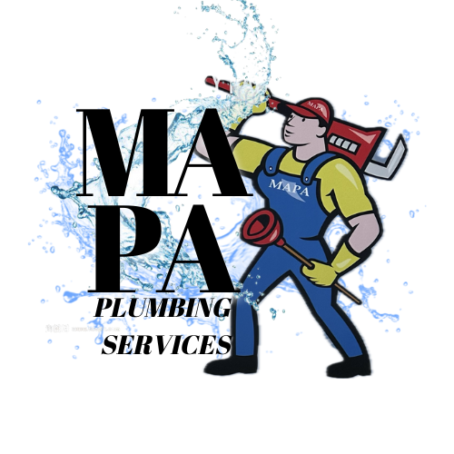 Cartoon plumber in blue overalls with a plunger and wrench, water splashing, with bold text: MAPA Plumbing Services..