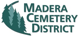 Logo for Madera Cemetery District, featuring three evergreen trees on the left and bold green text on the right.