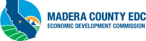 Logo for Madera County EDC showing a map of California with a star, fields, mountains, and a sun. Text reads: Madera County EDC Economic Development Commission..