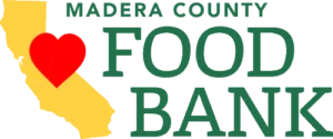 Madera County Food Bank logo with a yellow California map, a red heart over the map, and green text reading Madera County Food Bank..