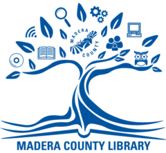 Blue tree with leaves, digital and library-related icons, and the words Madera County Library at the bottom. Icons include a laptop, book, owl, people, gear, magnifying glass, and Wi-Fi.