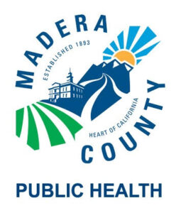 Madera County logo with text Established 1893, Heart of California, featuring a building, mountain, sun, and farmland. Below, it reads Public Health..