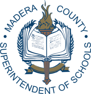 Seal for Madera County Superintendent of Schools featuring an open book, laurel branches, and a torch, surrounded by the organizations name in a circular design.