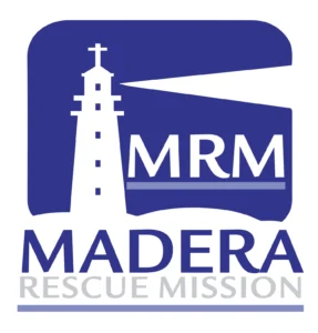 Logo for Madera Rescue Mission featuring a lighthouse, the letters MRM, and the text Madera Rescue Mission in blue and gray.