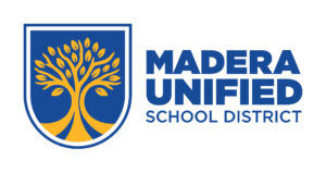 A blue and gold shield with a stylized tree next to bold blue text reading Madera Unified School District on a white background.