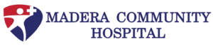 Madera Community Hospital logo with a blue and red shield featuring a white figure and cross, next to the words MADERA COMMUNITY HOSPITAL in blue text.