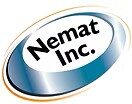A white oval logo with a metallic blue gradient border features the text Nemat Inc. in bold black letters slanted diagonally across the center.