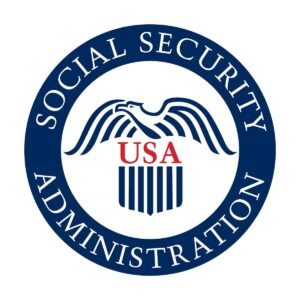 Social Security Administration logo with a blue circle, white background, an eagle, USA in red, and blue stripes. The words Social Security Administration form the outer border.