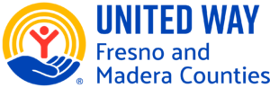 United Way logo with a blue hand holding a red figure, yellow arcs above. Text reads United Way Fresno and Madera Counties..