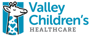 Logo for Valley Childrens Healthcare featuring a white giraffe with heart spots next to blue text Valley Childrens and gray text HEALTHCARE underneath.