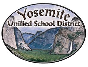Oval logo with Yosemite Unified School District text over an illustrated mountain landscape, featuring cliffs, a green valley, and a waterfall.