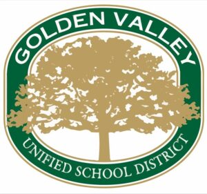 A round logo with a large gold tree in the center on a white background. The border is green with the words GOLDEN VALLEY on top and UNIFIED SCHOOL DISTRICT on the bottom in gold letters.